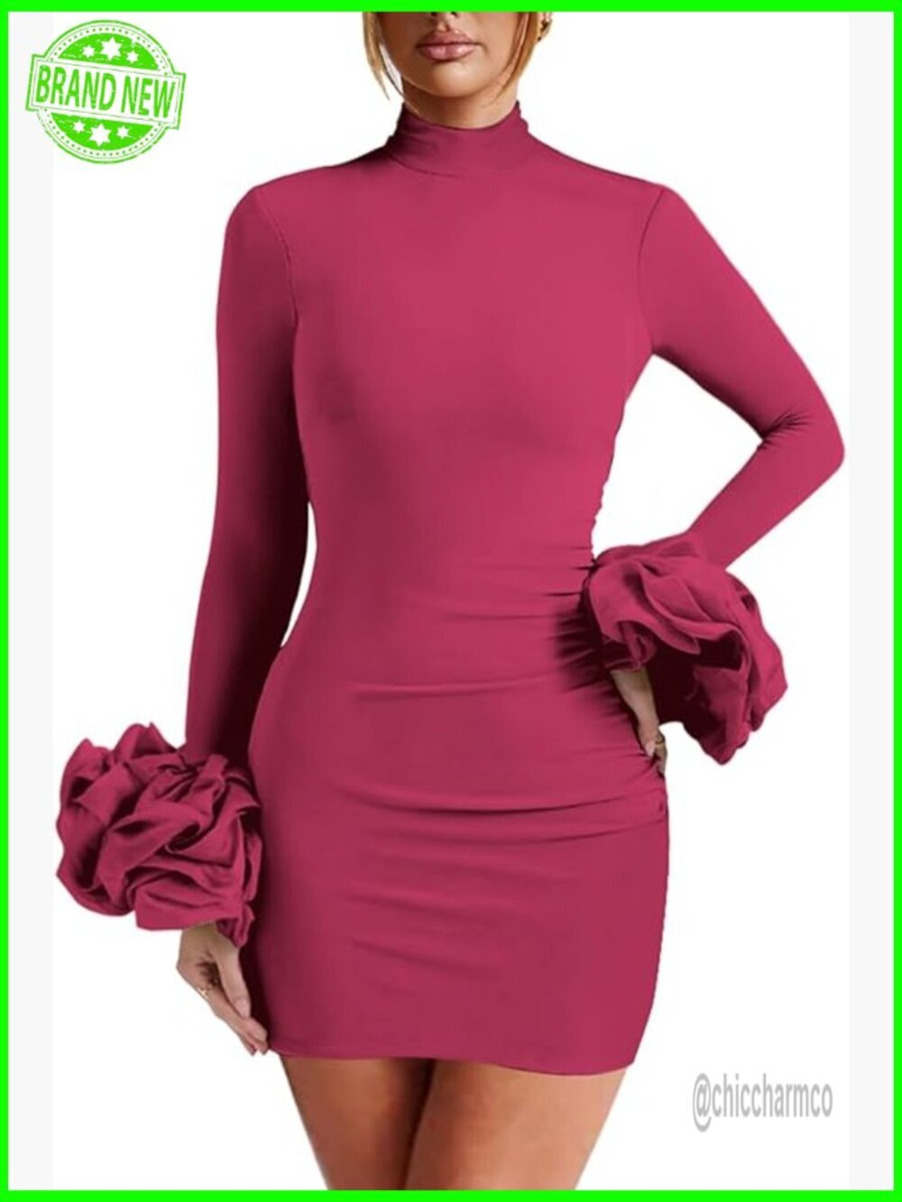 Mini Dress Long Puff Sleeve Bodycon Ruched Mock Neck Cocktail Party Dress